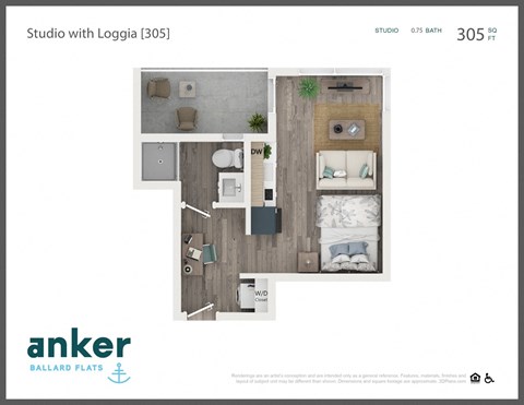 Floor plan for studio, 1 bath, 305 sqft